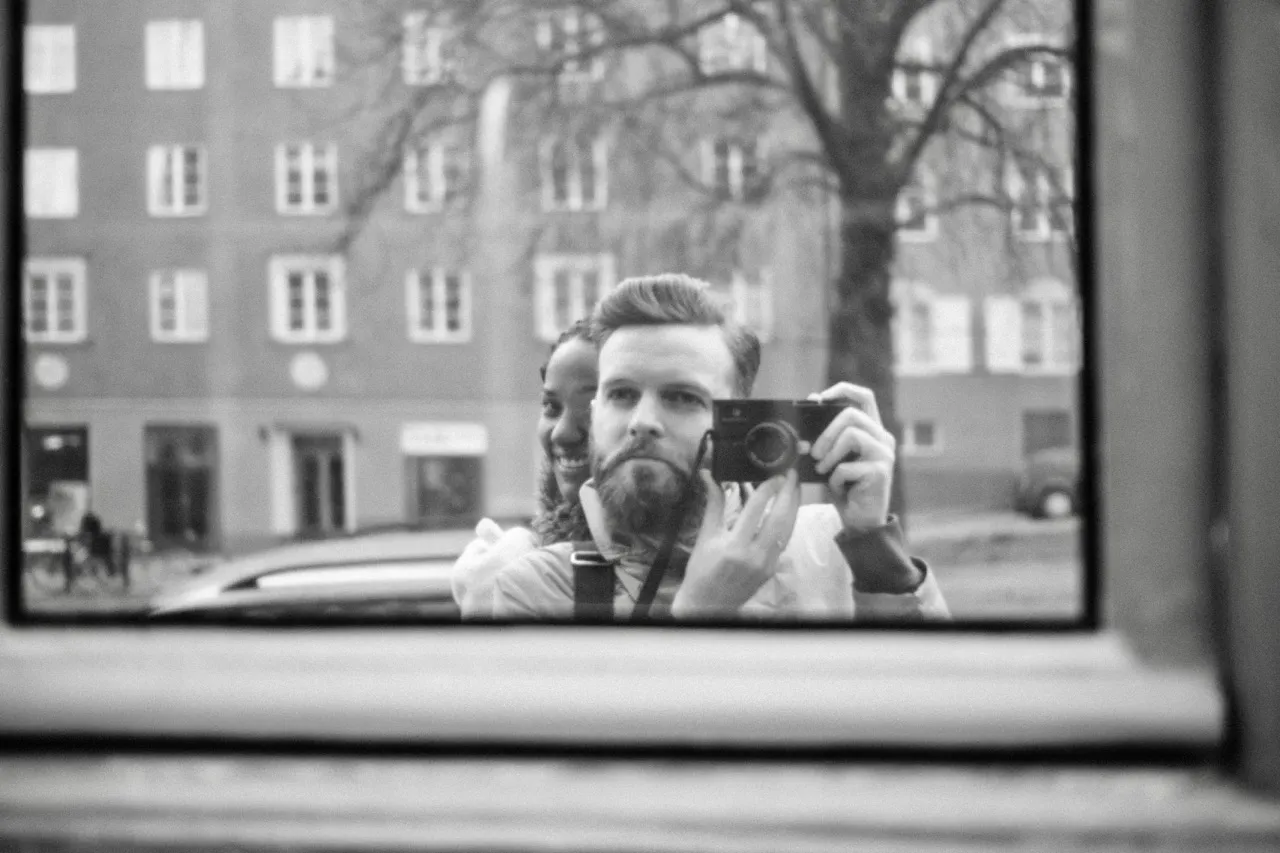 Stanley with camera in black and white