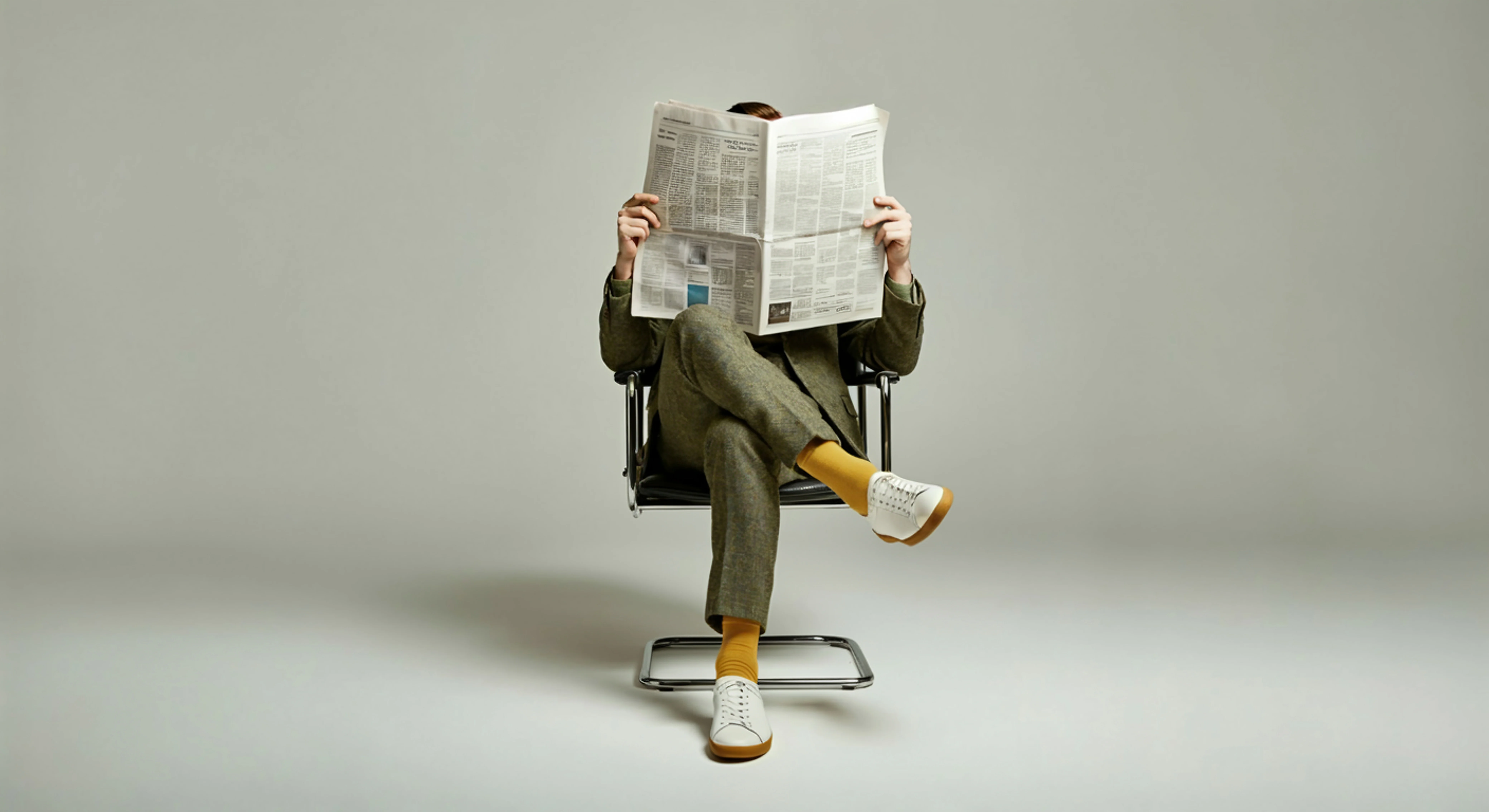 photo of stanley sitting in a tweed suit, reading the newspaper